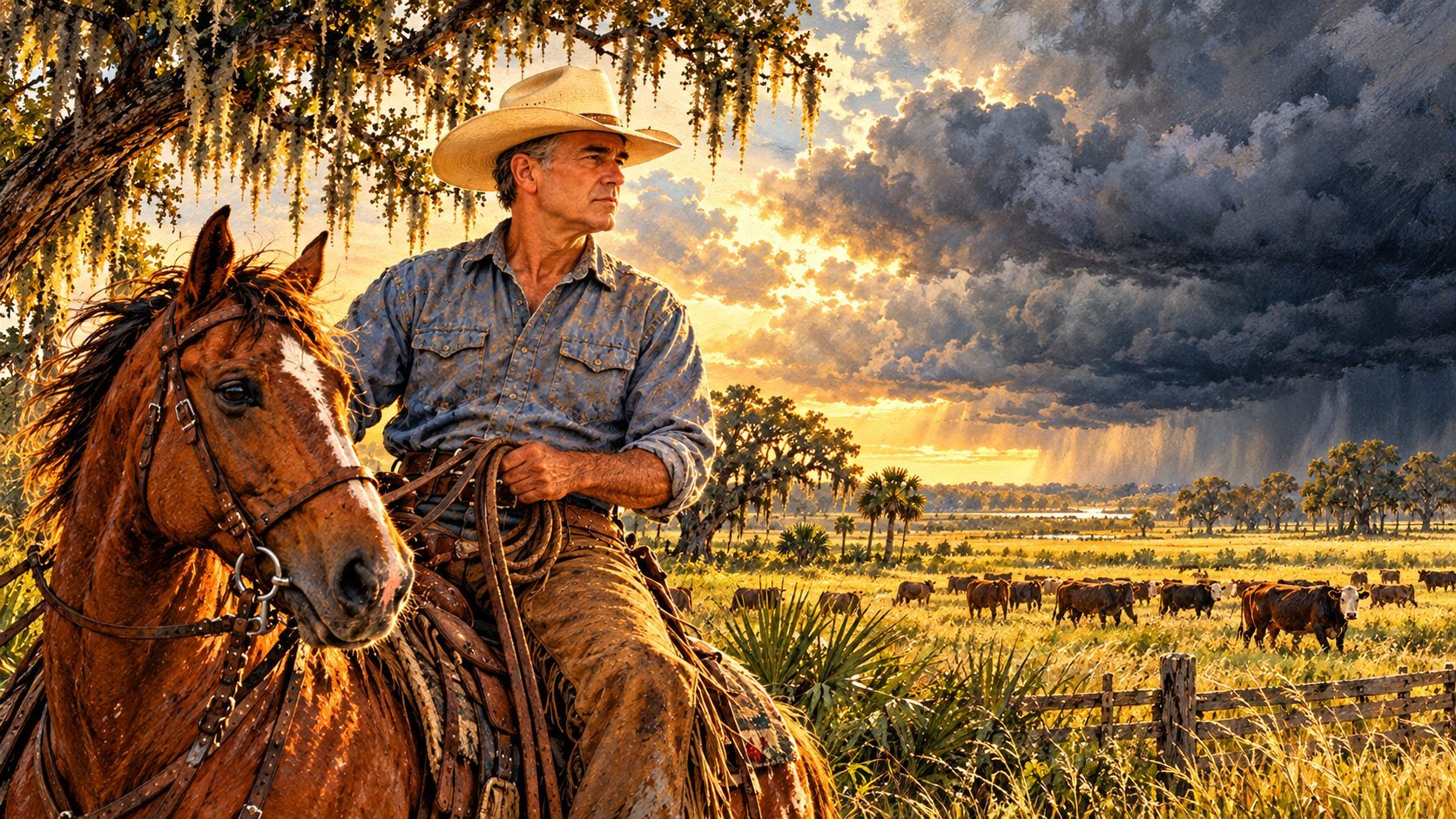 Series artwork: Math Albritton on horseback at the edge of his pasture under live oaks and Spanish moss, a storm building over the cattle beyond.